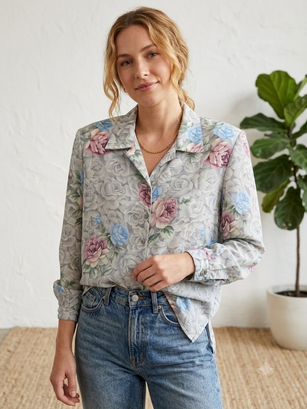 Vintage Alia Petites Floral Blouse Shoulder Pads Grandmacore Office Siren Top